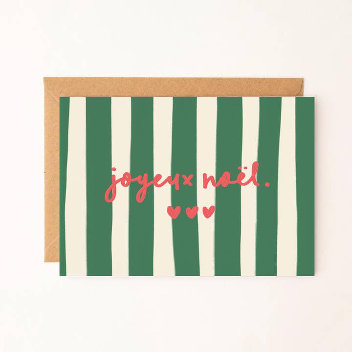 Biglietto di Auguri di Natale - Joyeux Noël a Righe (Verde) per la vendita all'ingrosso da parte di Art Prints by Rio Soléy