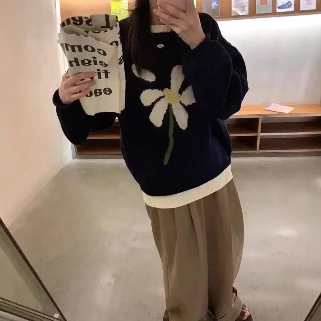 Marayn - Wholesale Knit Sweater - Women's - Korean Ins Lazy Floral Knit Sweater5