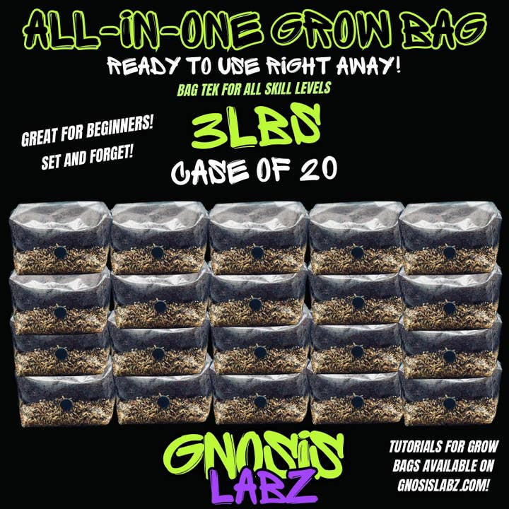 20 Pack of All in One Mushroom Grow Kit Bags (3lbs) with Injection Port and Filter Patch! for wholesale by Gnosis Labz