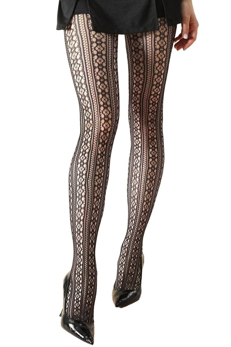 BLACK High Rise French Cut Floral Lace Net Sheer Tight Pantyhose for wholesale on Faire1