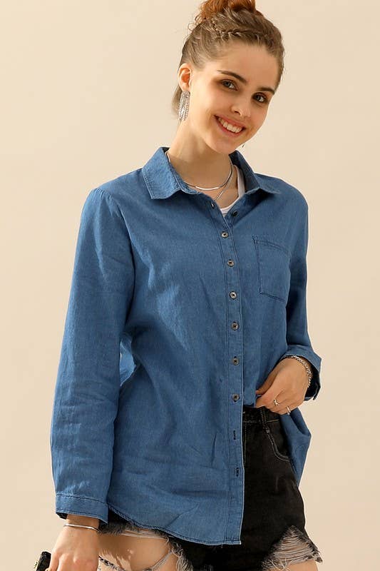 NINEXIS - Wholesale Button Down Shirt - Women's - CWTSTL088_DENIM CHAMBRAY BUTTON UP LONG SLEEVE TOP18