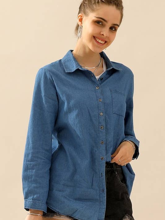 NINEXIS - Wholesale Button Down Shirt - Women's - CWTSTL088_DENIM CHAMBRAY BUTTON UP LONG SLEEVE TOP18