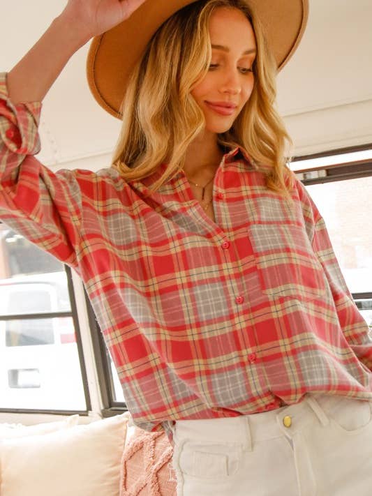 LÅNGÄRMAD KNAPP NER FICKA DETALJ RUTIG SKJORTA för wholesale av Pink Irene Wholesale