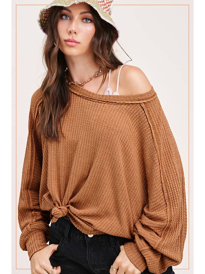 La Miel - Wholesale Knit Top - Women's - HAT7565-Brushed Waffle Fabric Loose Fit Long Sleeve Top25