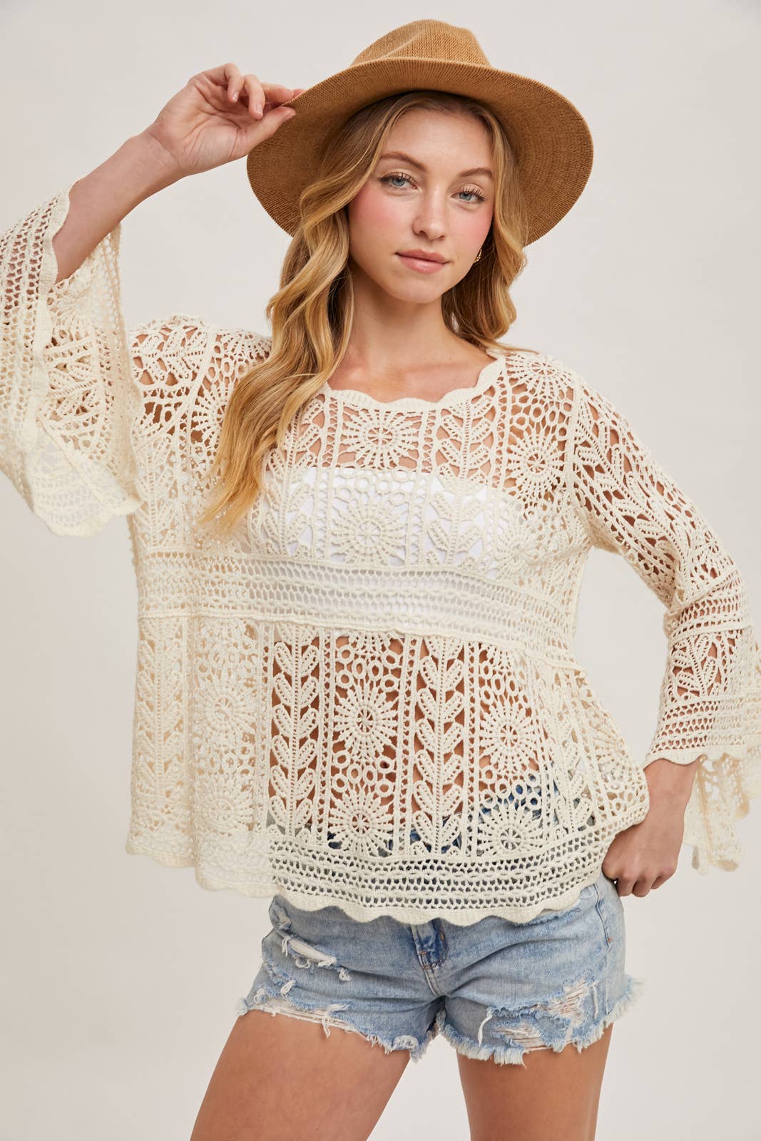 Bluivy - Wholesale Knit Top - Women's - CROCHET SHEER BELL-SLEEVE PULLOVER TOP2