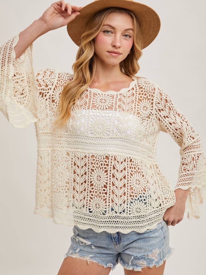 Bluivy - Wholesale Knit Top - Women's - CROCHET SHEER BELL-SLEEVE PULLOVER TOP2