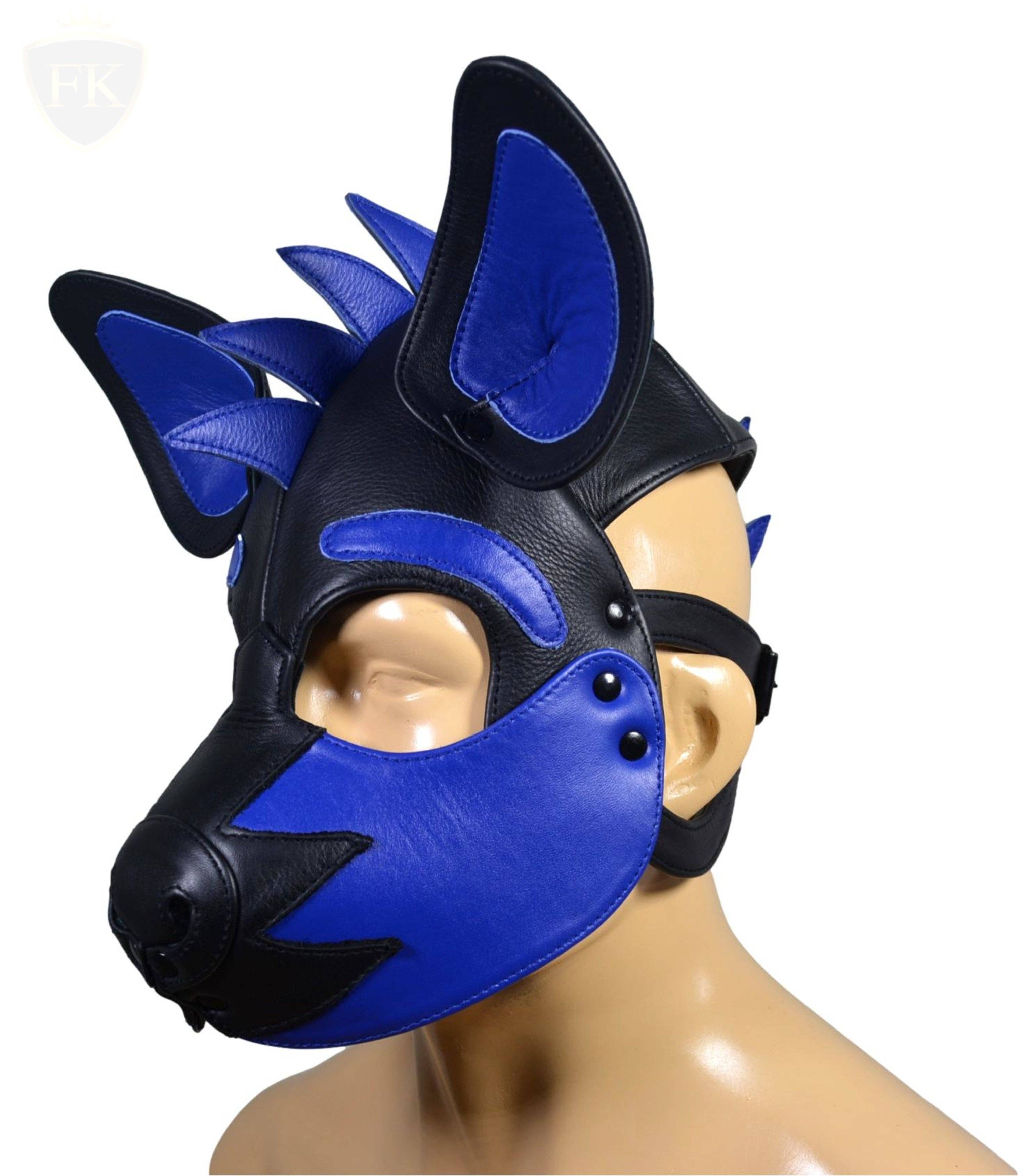 Meninleather - Vendita all'ingrosso Costume di carnevale - Uomo - Maschera da cucciolo in pelle Hood Human Pup Play Hood fiamma sulla testa0
