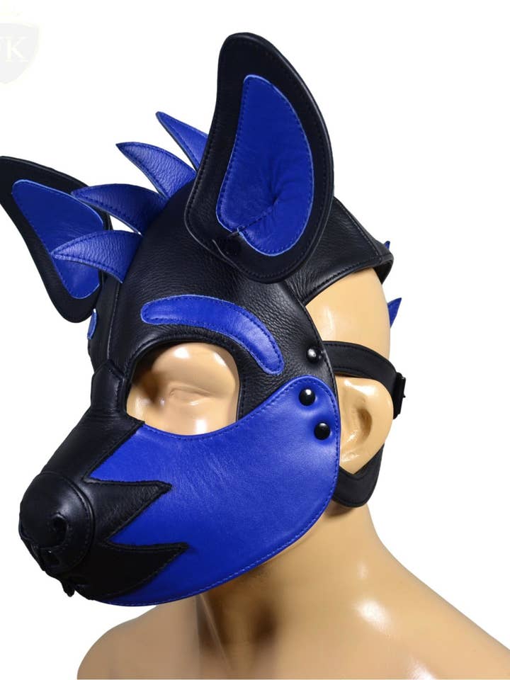 Meninleather - Vendita all'ingrosso Costume di carnevale - Uomo - Maschera da cucciolo in pelle Hood Human Pup Play Hood fiamma sulla testa