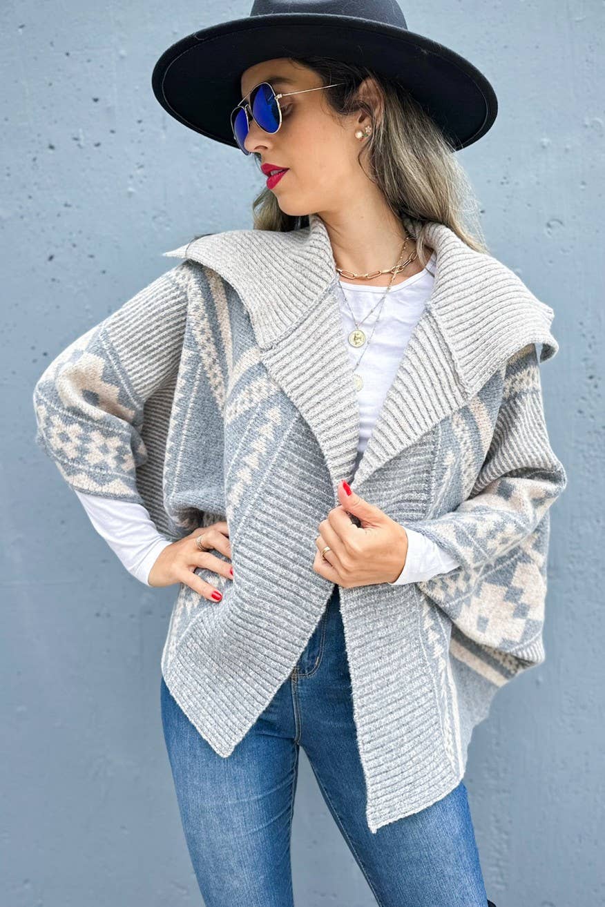 Grey Aztec Pattern Dolman Sleeve Open Front Knit Cardigan for wholesale on Faire5