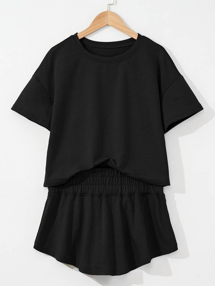 Black 2pcs Cropped Tee and Ruffle High Waist Skort Set for wholesale by Sweet Lover Fashion