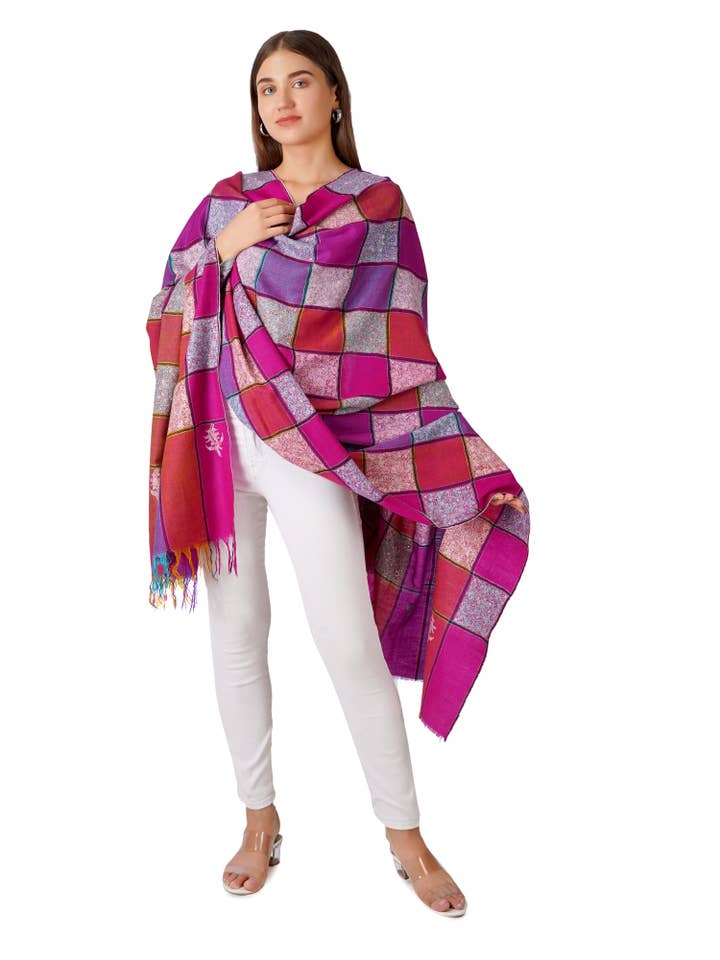 Elegant Checkered Pashmina Shawl with Sozni Hand Embroidery for wholesale by PASHWRAP