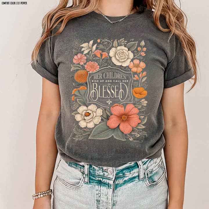 Her Children Call Her Blessed Comfort Colors tee for wholesale by Dogwood Designs