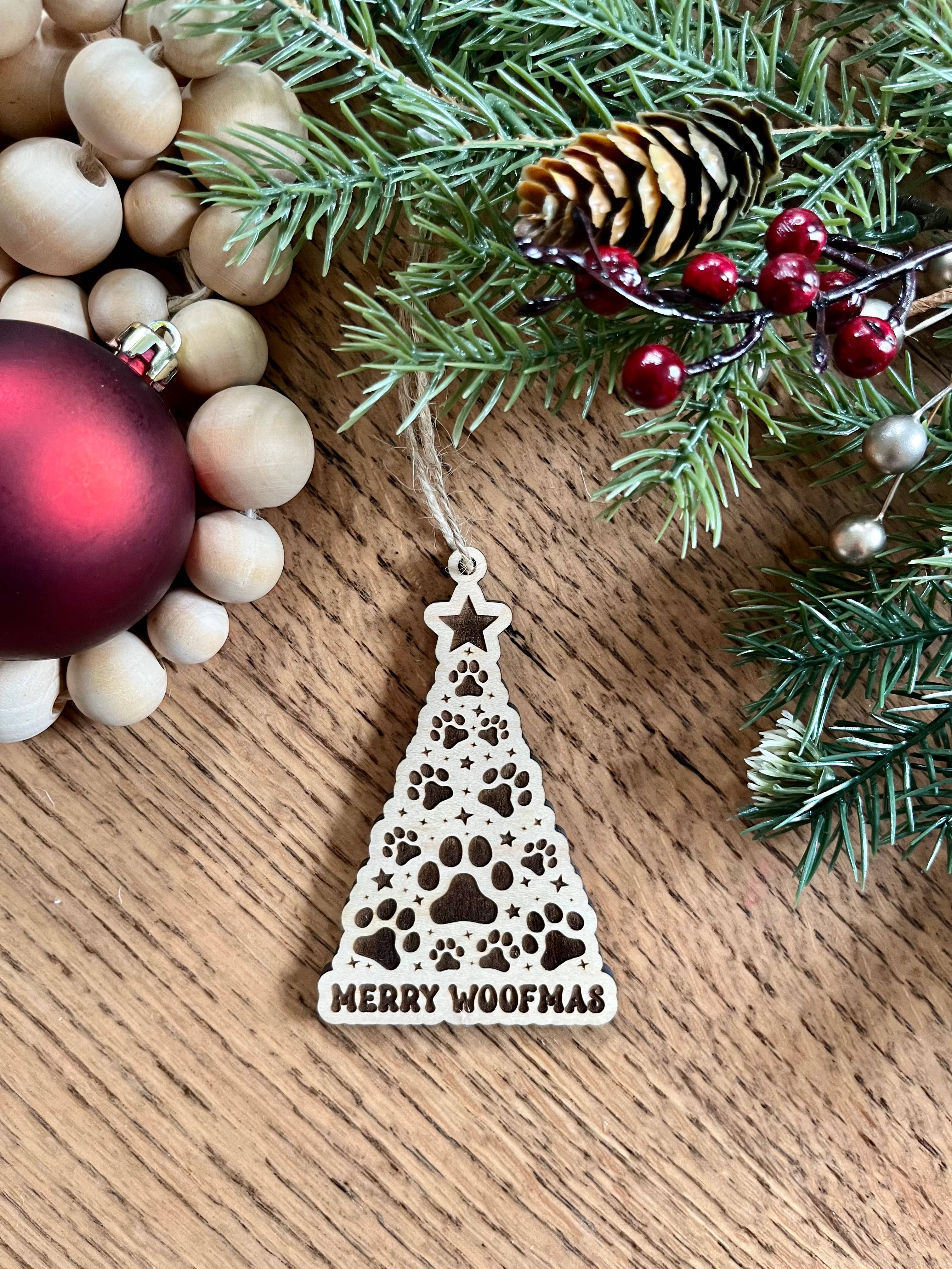 Rustic Raleigh - Wholesale Ornament - Merry Woofmas Dog print tree pet Wooden Christmas Ornament1