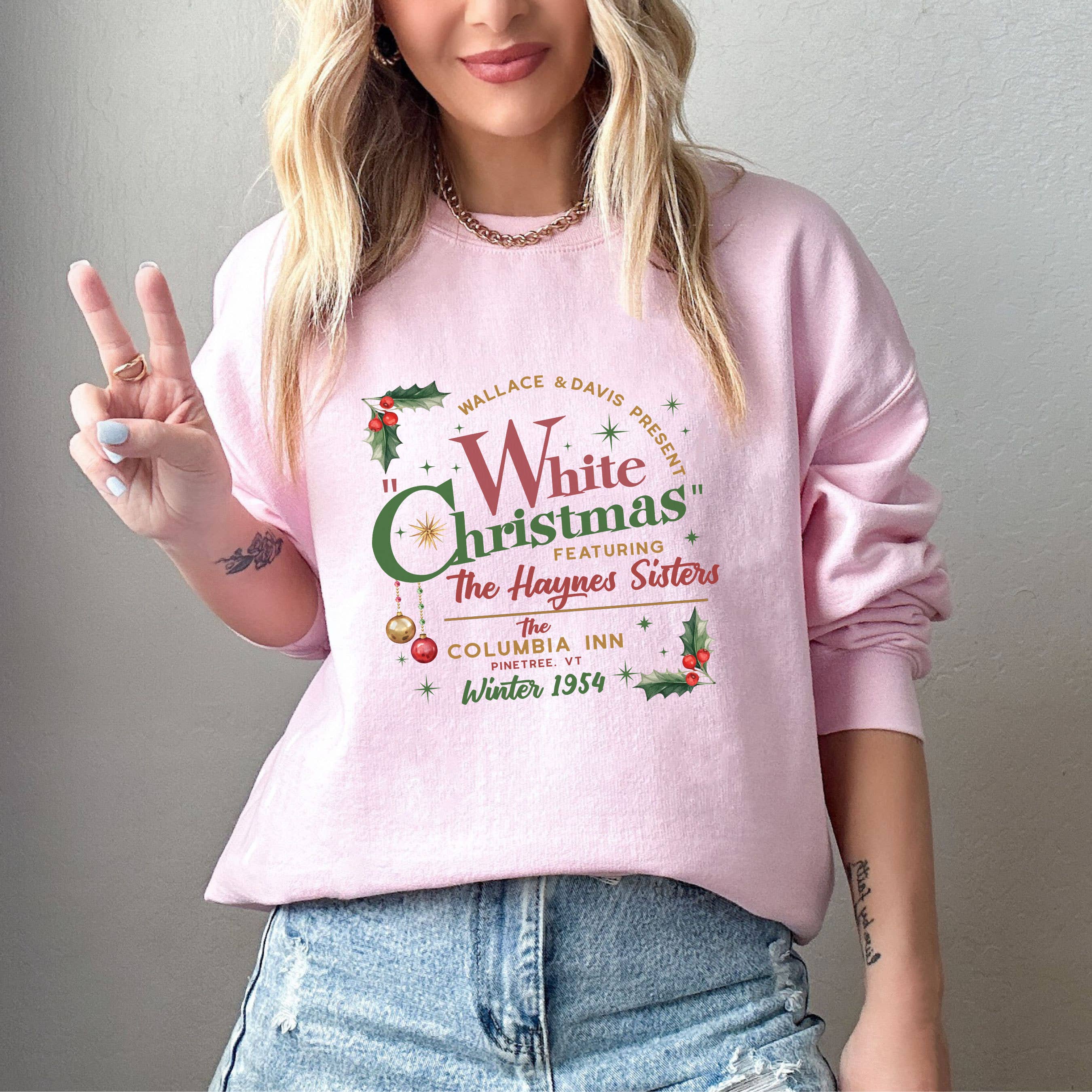 NVC Ecommerce LLC – wholesale Graphic sweatshirt – Women’s – Haynes Sisters White Christmas Sweatshirt, Winter Holiday4