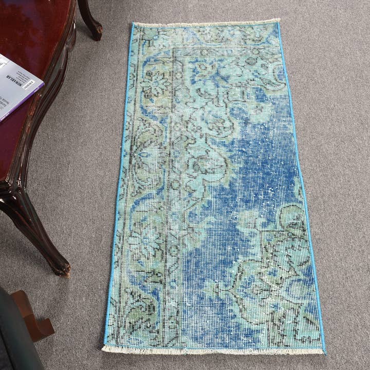 Alfombra Floral Azul Hecha a Mano, Clásica 1.6x3.4 Ft Alfombra de Área para venta al por mayor de Vintage Rugs Loom
