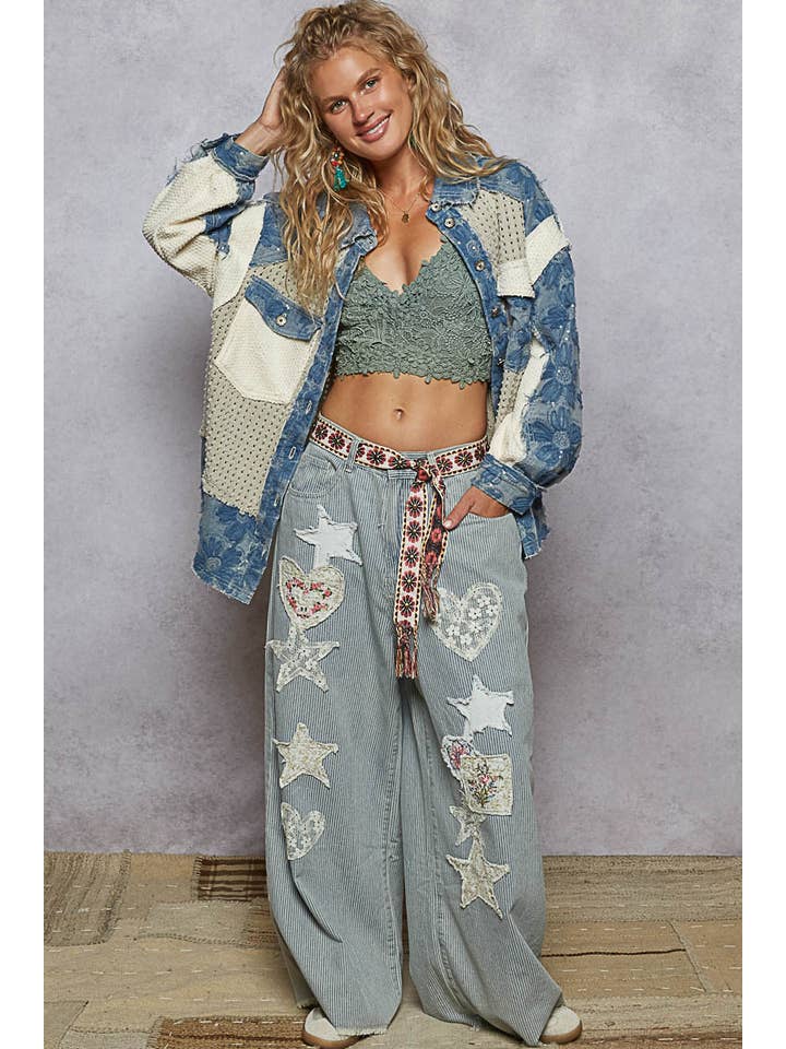 Pol Clothing - Wholesale Denim Jacket - Women's - Vintage washed floral embroidered patches jacket