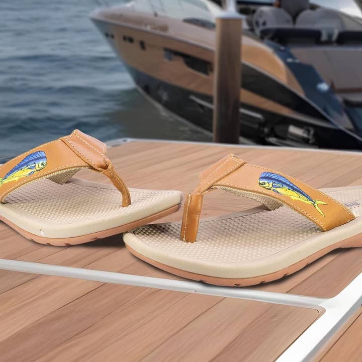 Mahi Dolphin Men's Fishing Tan Leather Embroidered Fishing Sandal for wholesale by Zep-Pro