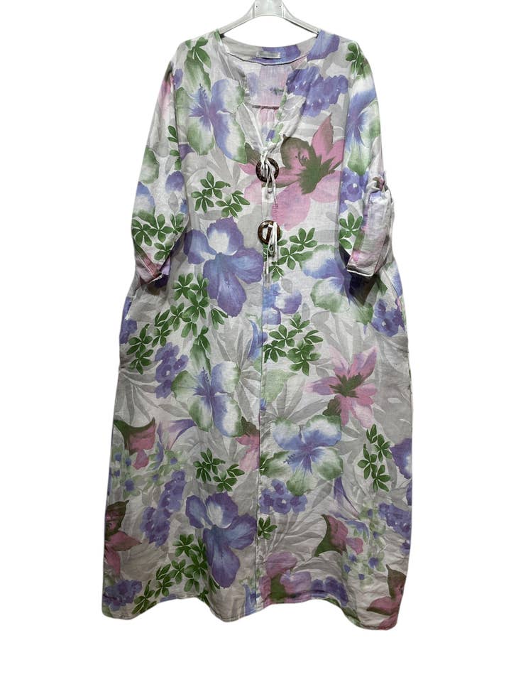 LINEN & COTTON HOUSE - Wholesale Dress - Women's - LINEN DRESS WITH FLORAL PATTERN WITH SIDE POCKETS 94127