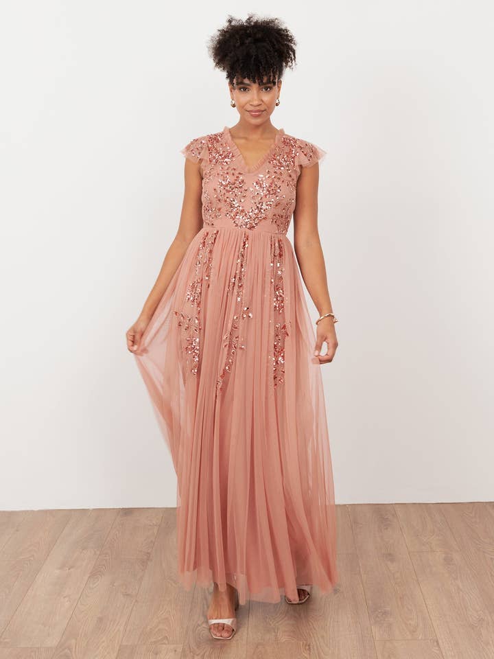 Maya Terracotta Pink Embellished Tulle Maxi Dress with Open Back for wholesale by Plaza Collection Ltd