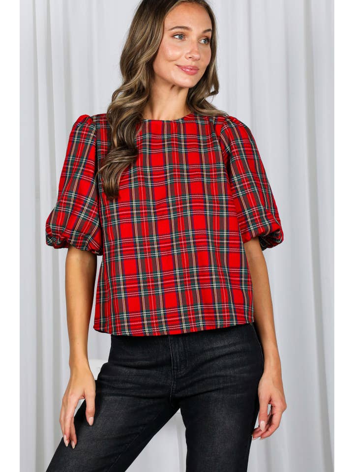 Vine & Love - Wholesale Blouse - Women's - V-Back 2 Bow Accent Feminine Plaid Blouse Top VT82621A3