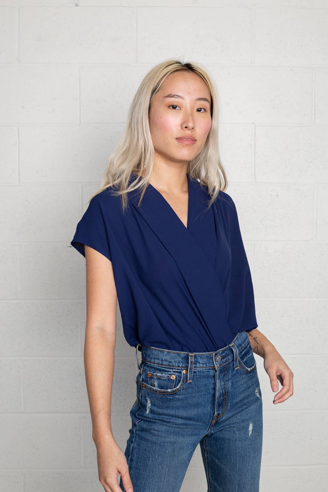 Navy Wrap Front Shawl Collar Bodysuit  for wholesale on Faire0