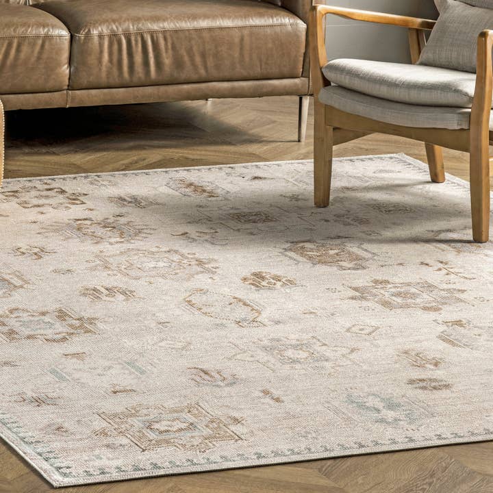 Beige Krystin Distressed Machine Washable Area Rug for wholesale on Faire7