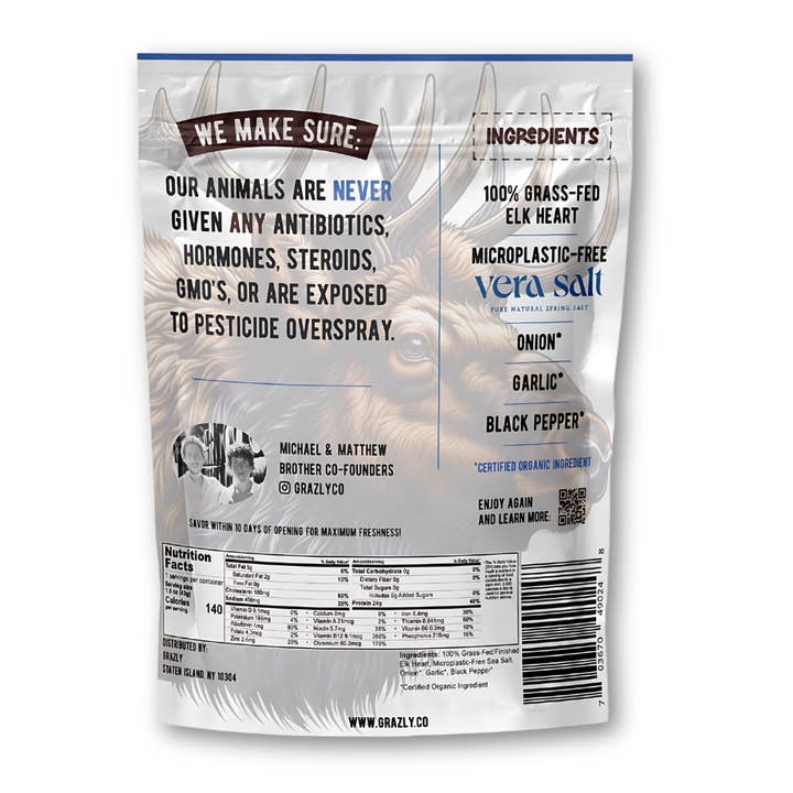 Grazly – Engroshandel Jerky – „Gammeldags“ elgehjertechips - økologiske krydderier (25 tællinger)