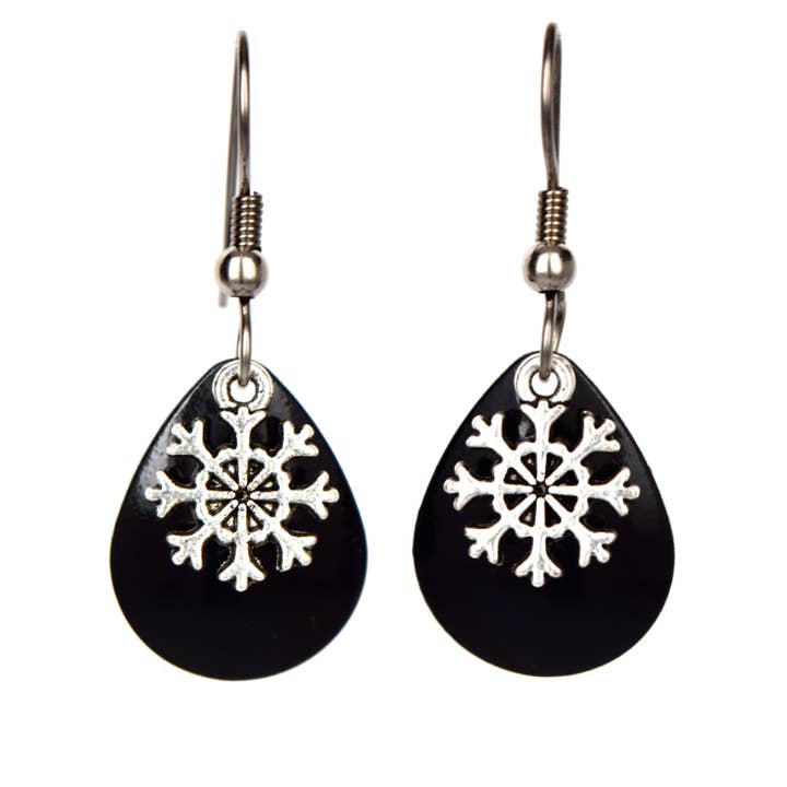 Black Snowflake Earrings Ski Resort Jewelry Handmade USA for wholesale by Eye Catching Jewelry