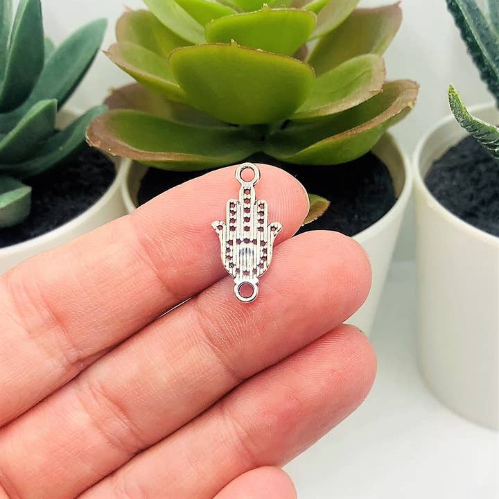 Guerrilla Charm - Wholesale Individual charm/pendant - Small Silver Hamsa Hand Connector Charms, 20x10mm2