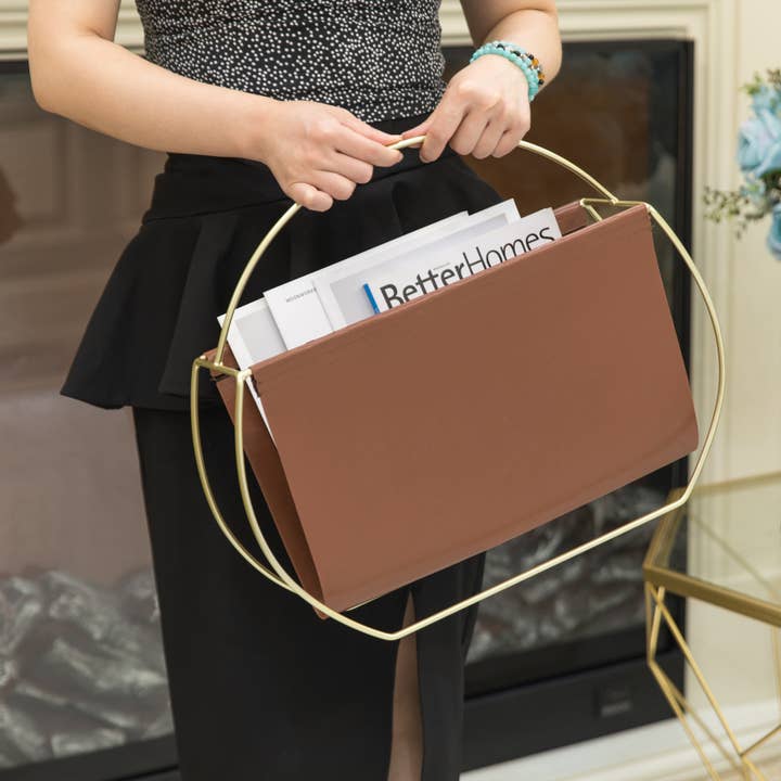 Quickway Imports - Wholesale Magazine Rack - Gold Metal and Brown Leather Freestanding Magazine Rack3