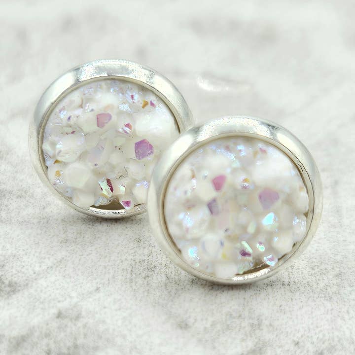 Druzy Stud Earrings (Handmade 8mm)- White Snowflake for wholesale by The Sparkle Shop