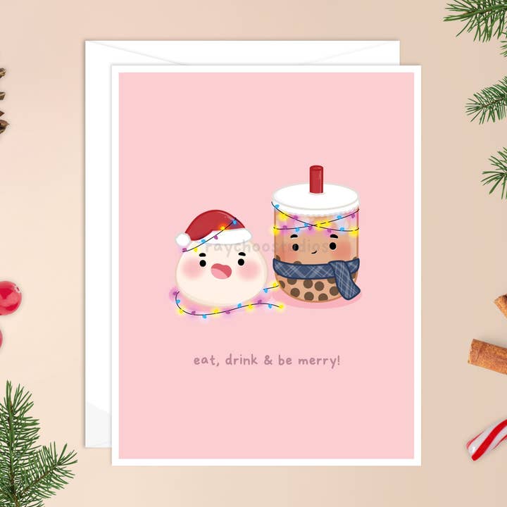 Eat Drink & Be Merry Christmas Card for wholesale by Raychoo Studios Inc.