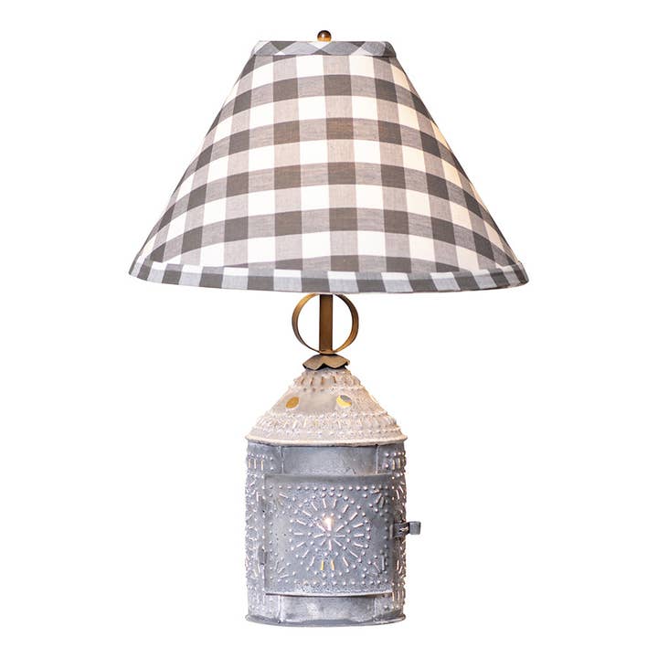 Paul Revere Lamp with Gray Check Shade for wholesale by Irvin's Tinware