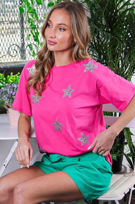 Vine & Love - Wholesale Knit Top - Women's - Star Sequin Crew Neck 100%Cotton Knit Top VT8161712