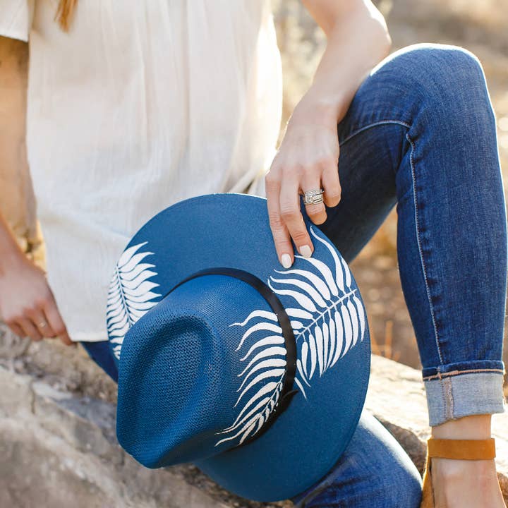 Origin Mexico - Wholesale Straw Hat - Women's - Fernanda Hand Painted Western Boho Hat - Blue and White
