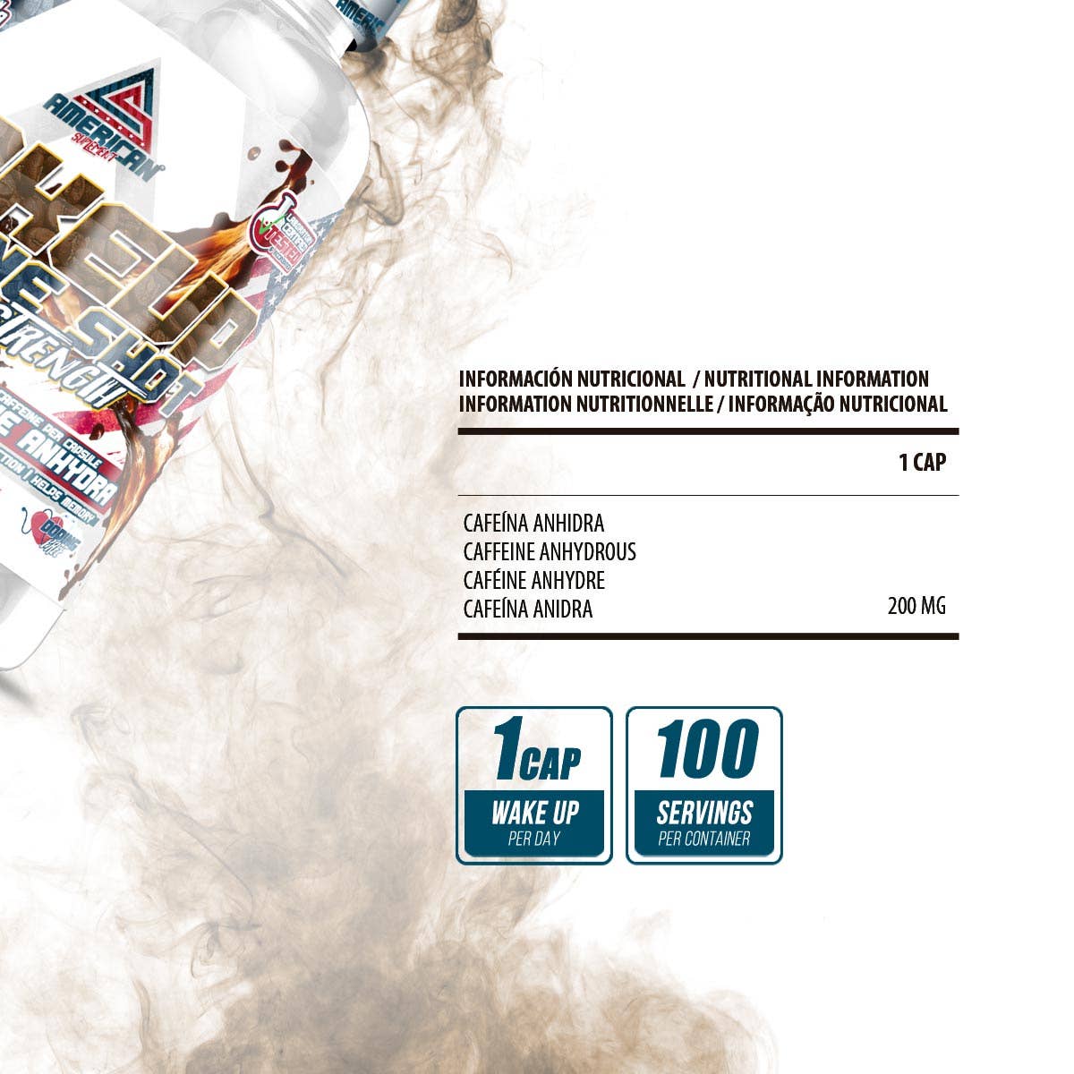 AMERICAN SUPLEMENT S.L. – Suplemento/vitamina oral por atacado – American Suplemento | Wake Up Caffeine Shot | 100 cáps.5