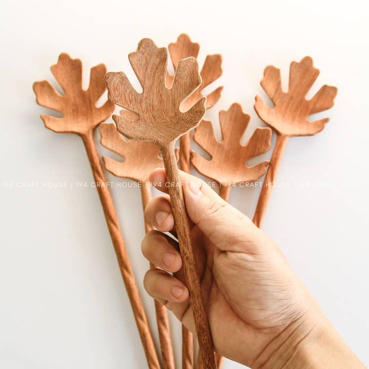 194 Craft House - Wholesale Serving Utensil - Hand Carved Leaf Shaped Wooden Spoon 12" - Serving Spoon5