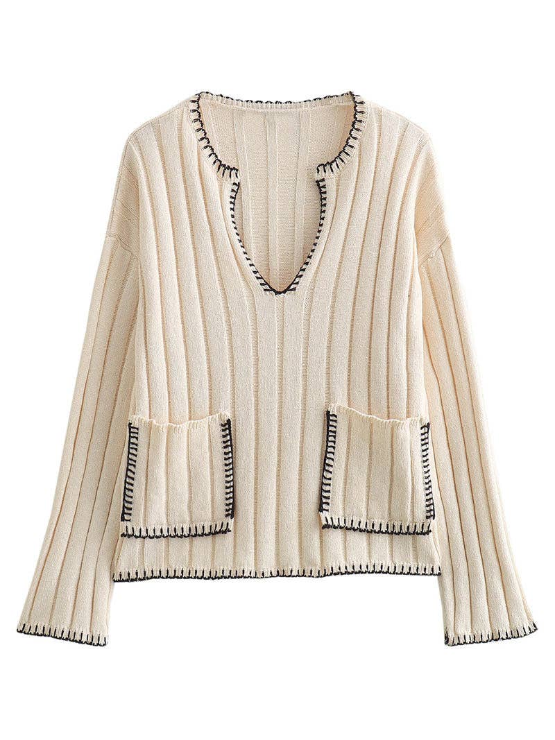 BEIGE V-Neck Ribbed Knit Sweater for wholesale on Faire0
