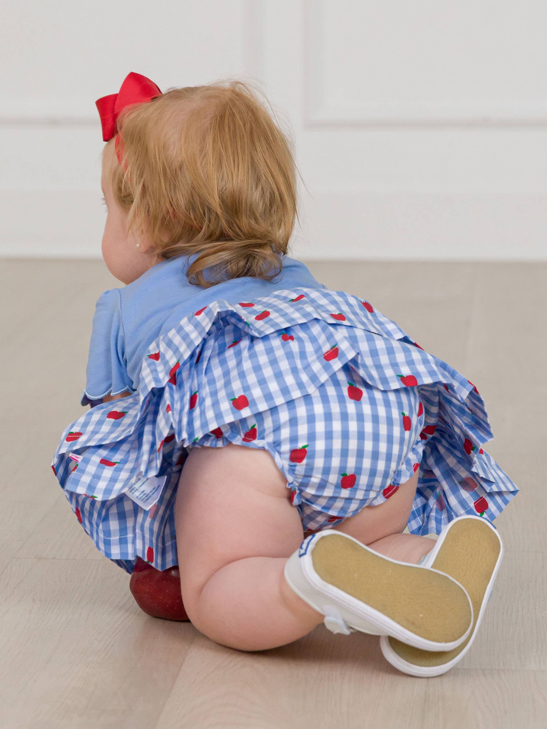 Blue Baby Girls Apple Orchard Classic Gingham Short Sleeve Skirted Romper for wholesale on Faire5