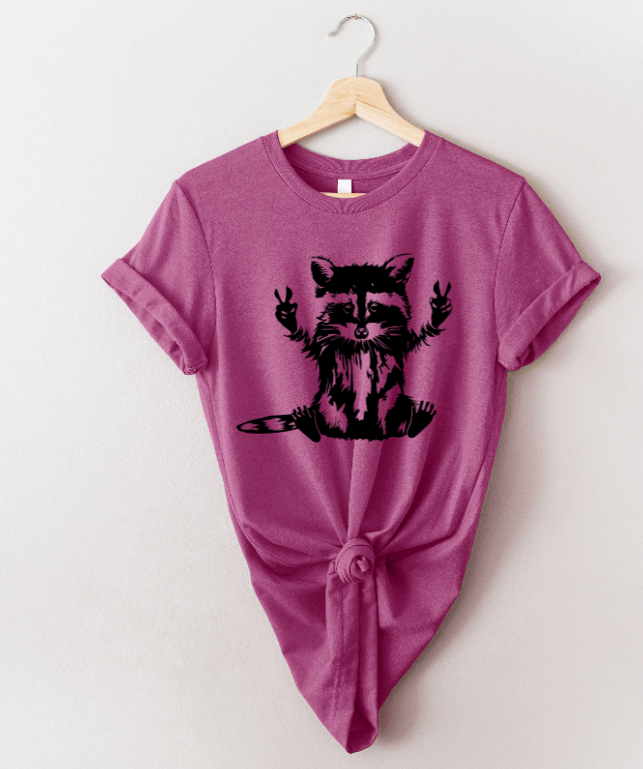 Tron Tron Graphic Wear – wholesale Screen printed t-shirt – Women′s – Peace Loving Raccoon Tee 2