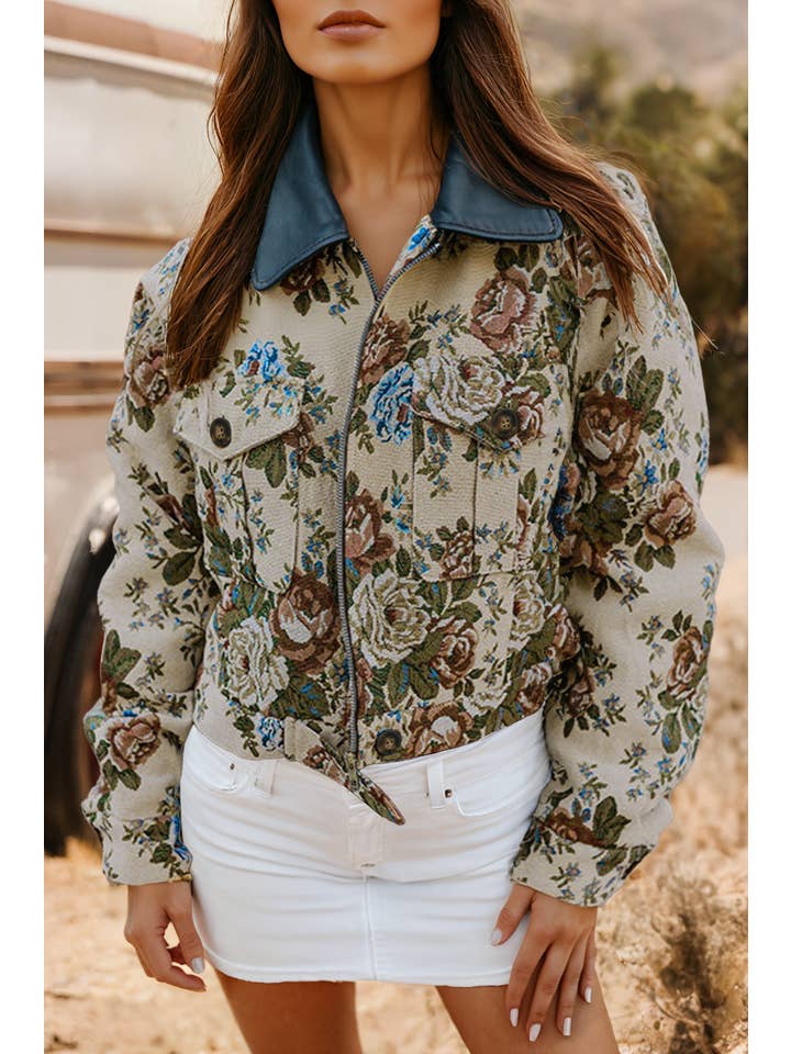 Khaki Fashion-W Floral Print Zip Up Contrast Collared Jacket for wholesale on Faire0