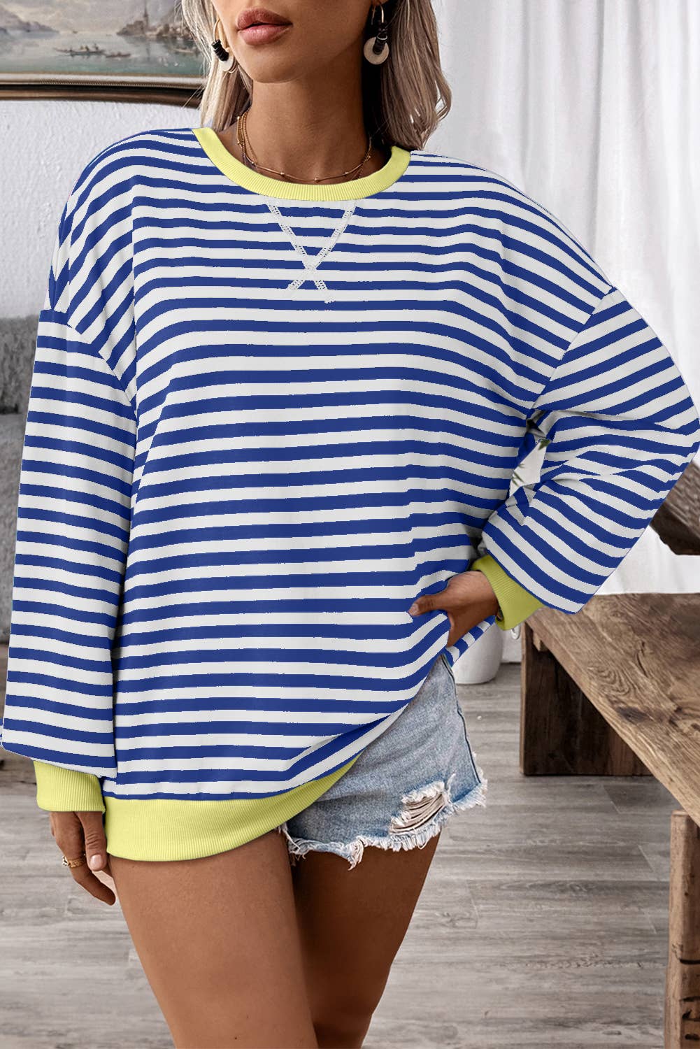 1 the Woman - Wholesale Sweatshirt - Women's - Stripe Oversized Contrast Trim Pullover Sweatshirt3