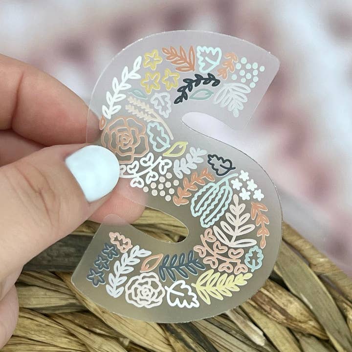 Floral S Sticker. Clear Matte Initial Floral Alphabet Sticker for Phonecase, Waterbottle, Car, Laptop. Weatherproof Sticker. for wholesale by Nolie Co