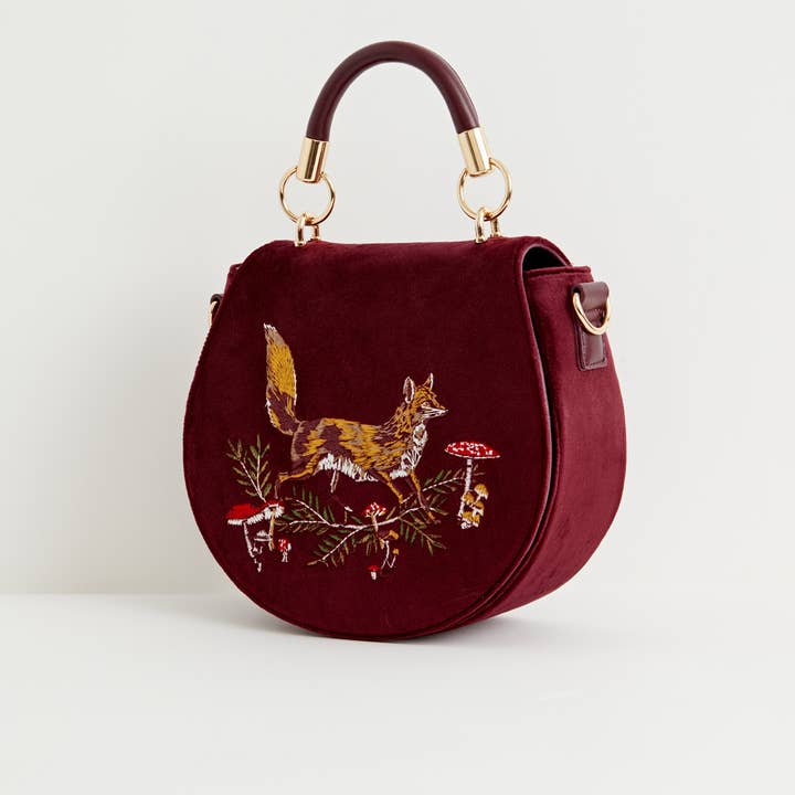 Fable England - Vente Sac à main avec poignée sur le dessus – femme - Sac à main en velours brodé FABLE Fox & Mushroom