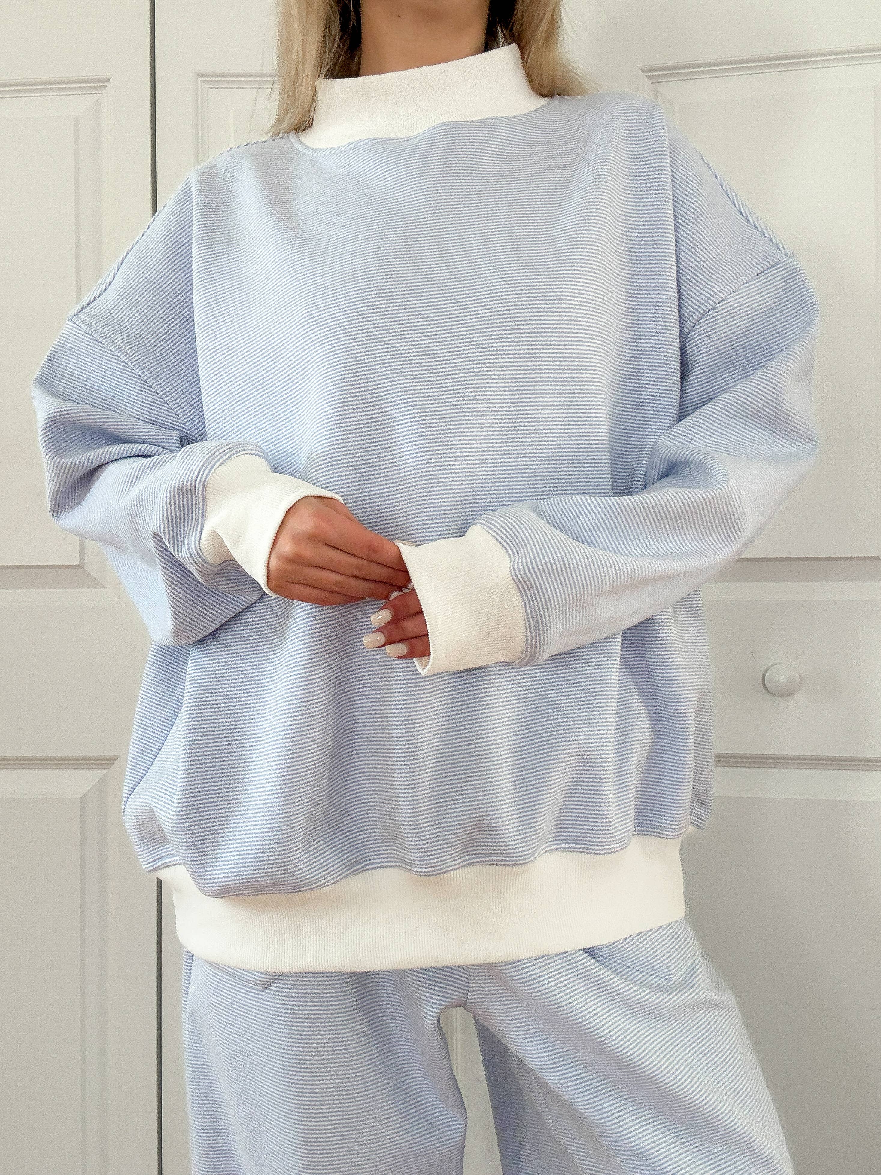 Blue and White Mini Striped Mockneck Sweatshirt for wholesale on Faire5