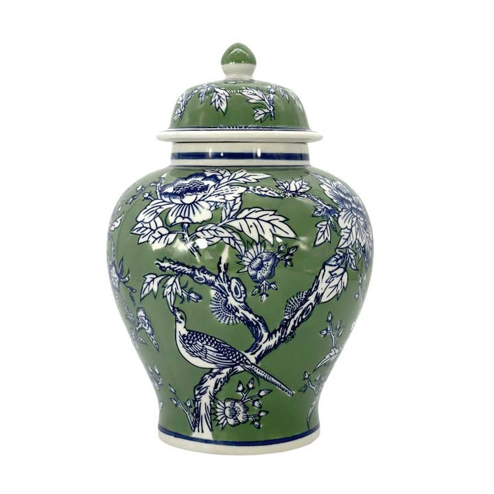 Grüne & Blaue Florale Pfingstrosen-Keramik-Chinoiserie-Vase 12" für den Großhandel von Galt International Company