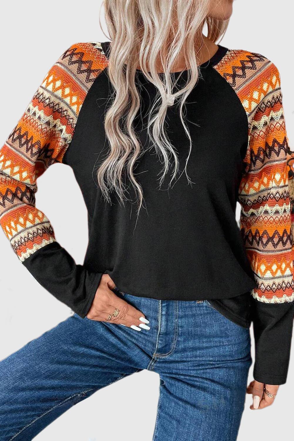 Orange Tribal Print Raglan Sleeve Crewneck Knit Top for wholesale on Faire2