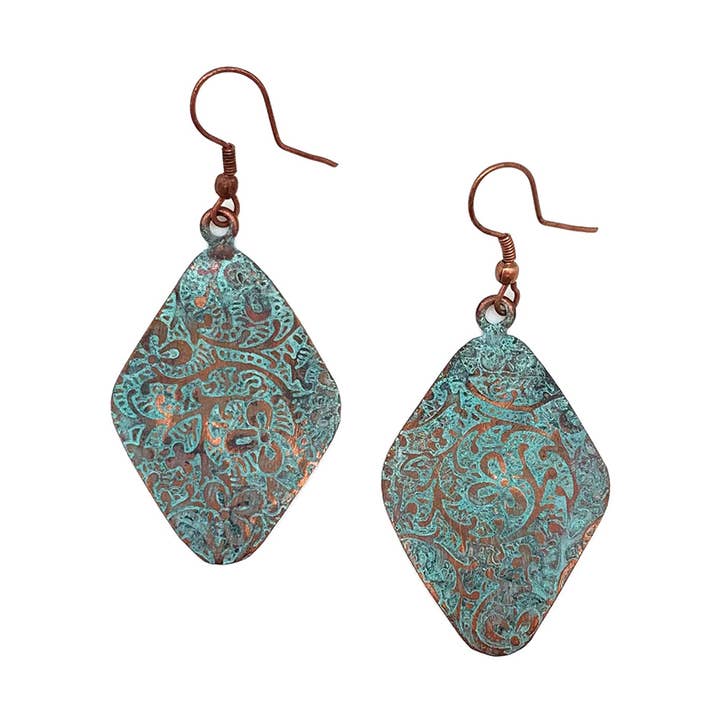 Copper Patina Earrings - Aqua Floral Paisley Diamond for wholesale by Anju Jewelry
