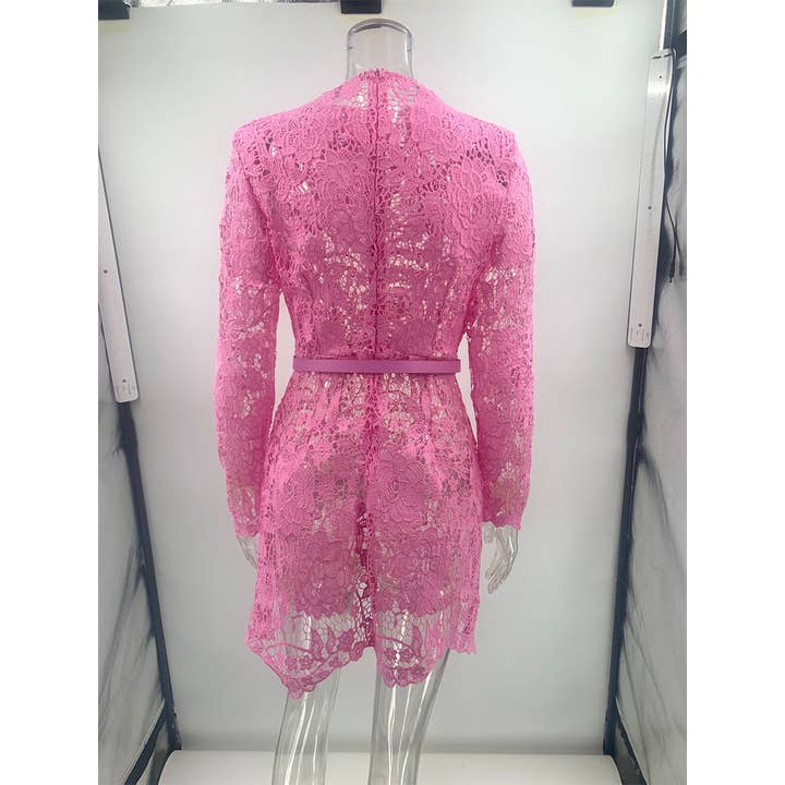 Pink Lace Sheer Hollow-Out Waist Slim Long Sleeve Dress JRM161 for wholesale on Faire5