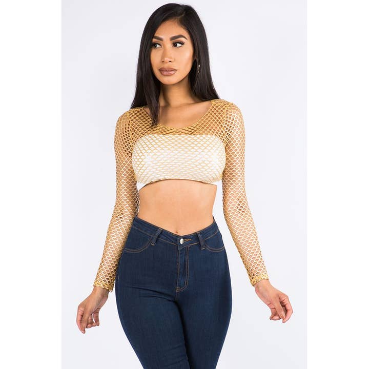 T5791 Fishnet Metallic Cropped Top for wholesale by Uptown Apparel